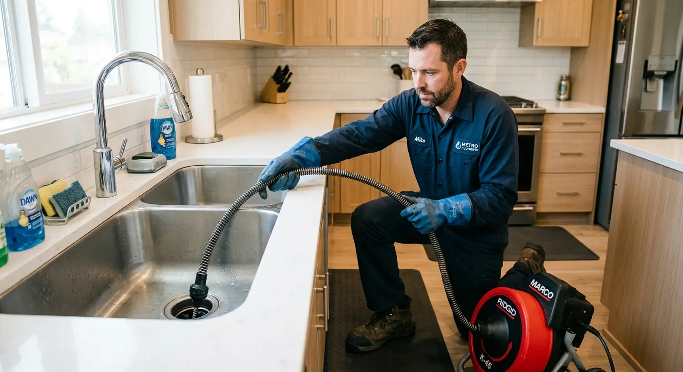 Drain cleaning technician using a motorized snake on a kitchen sink in Martinez