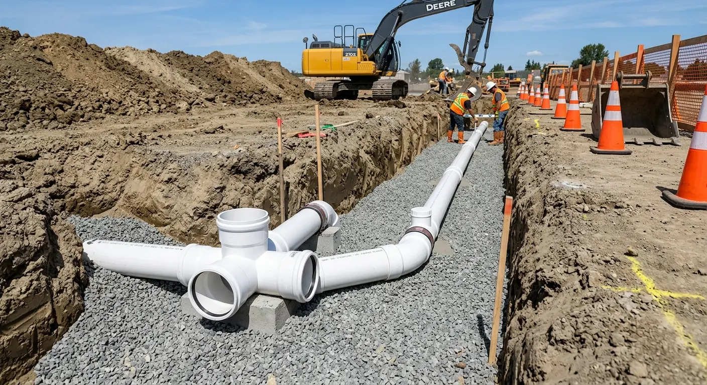 New PVC sewer pipe installation in open trench for Commercial Drain Cleaning in Martinez